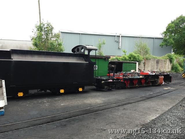 The tender and loco frames outside. This was for the passing of Pete Randall's Memorial Train and also provided an opportunity to check that the rods turned freely. ( Photo: Adrian Strachan)