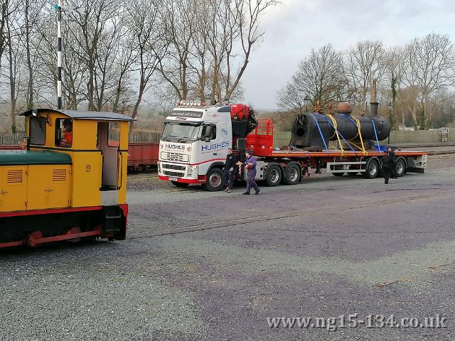 The boiler having just arrived at Dinas. (Photo: Laurence Armstrong)