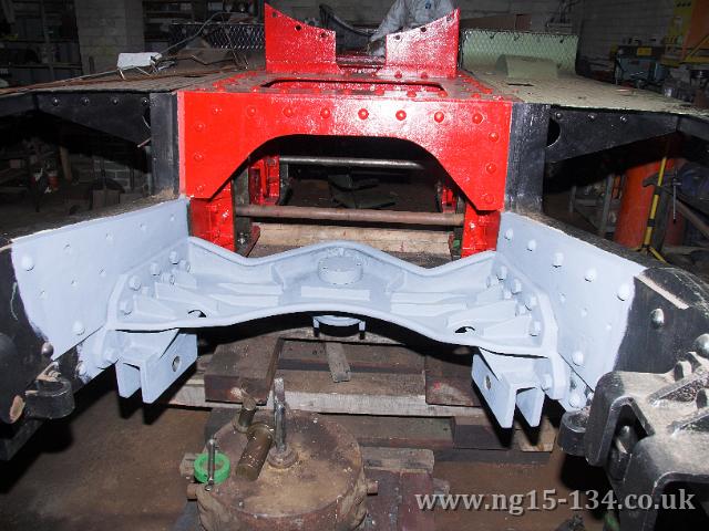The frames and rear frame stretcher now in undercoat - this can be compared the July view below. (Photo: L. Armstrong)
