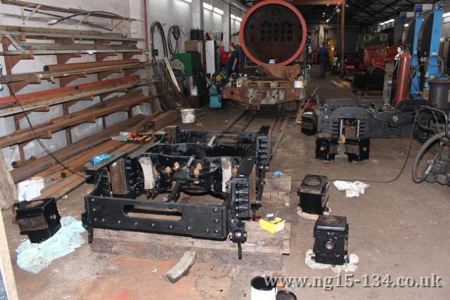 A view of the two tender bogies in the Loco shed after cleaning and painting. (Photo: Laurence Armstrong)