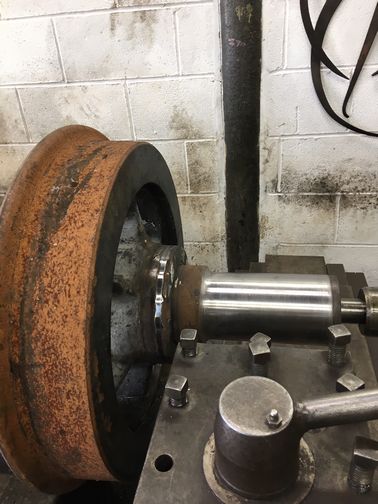 Wear on one of 134's pony truck wheels being machined after being built up. Photo: Tony Williams